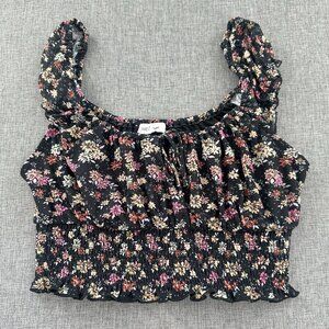 Stitch & Pine Crop Top Floral Small Black Multicolor Flowers Stretch Polyester &